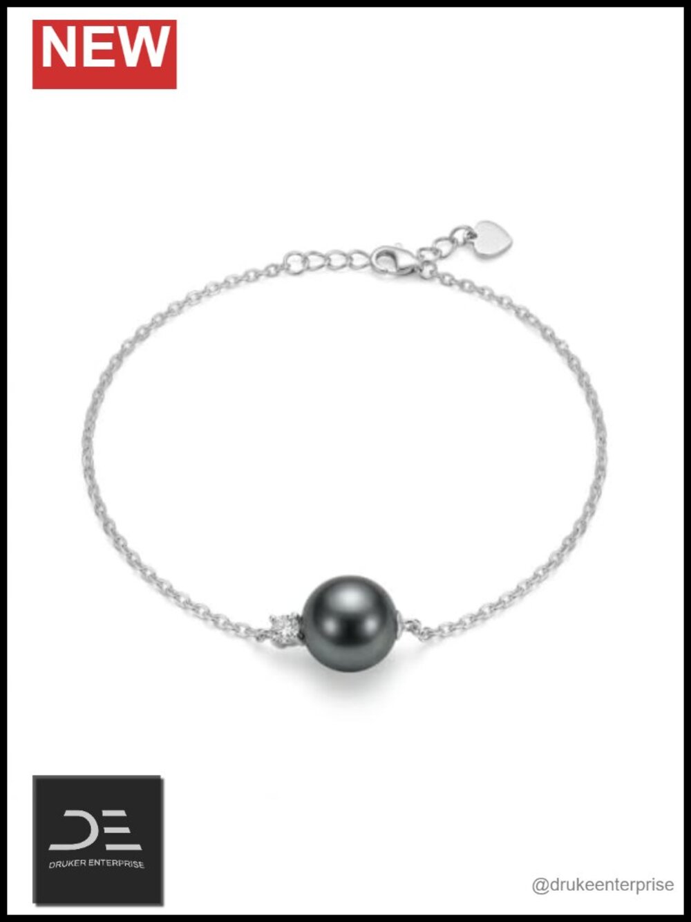 Sterling Silver 8-9mm Black Pearl Bracelet with Lab Created Diamond for Women